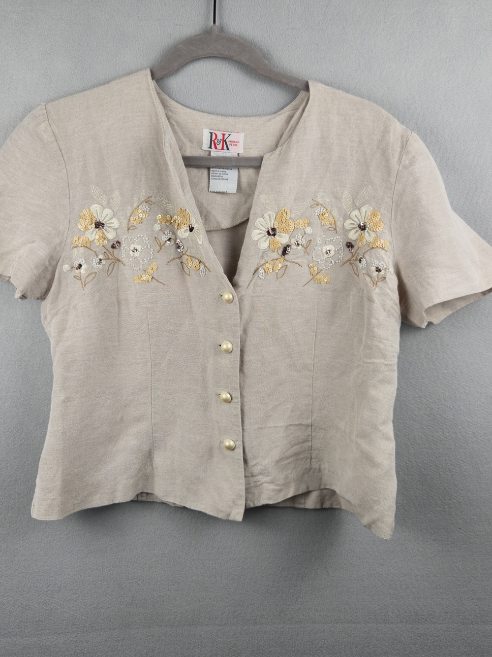 R&K Originals Petite Linen Blend Floral Embroidered Top 10P Beige